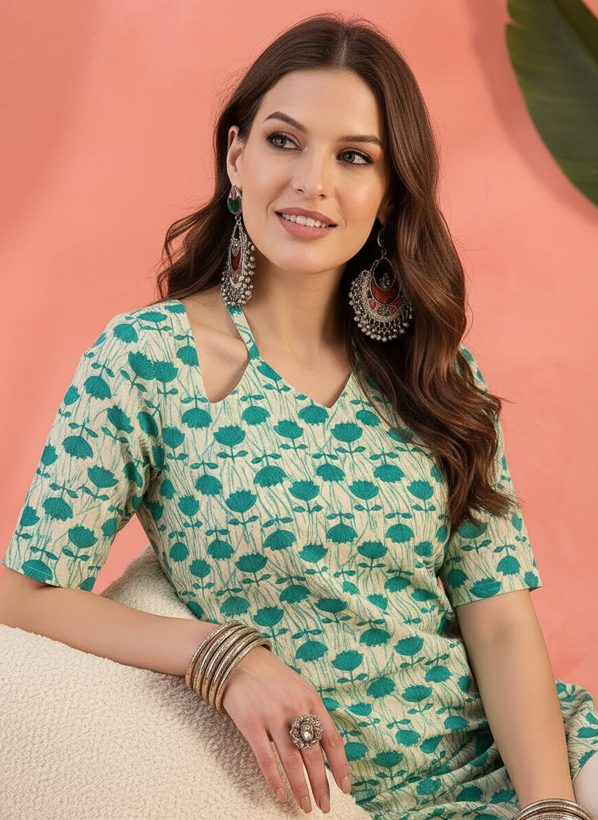 Tea-Green Floral Printed Pure Cotton Short Kurti.