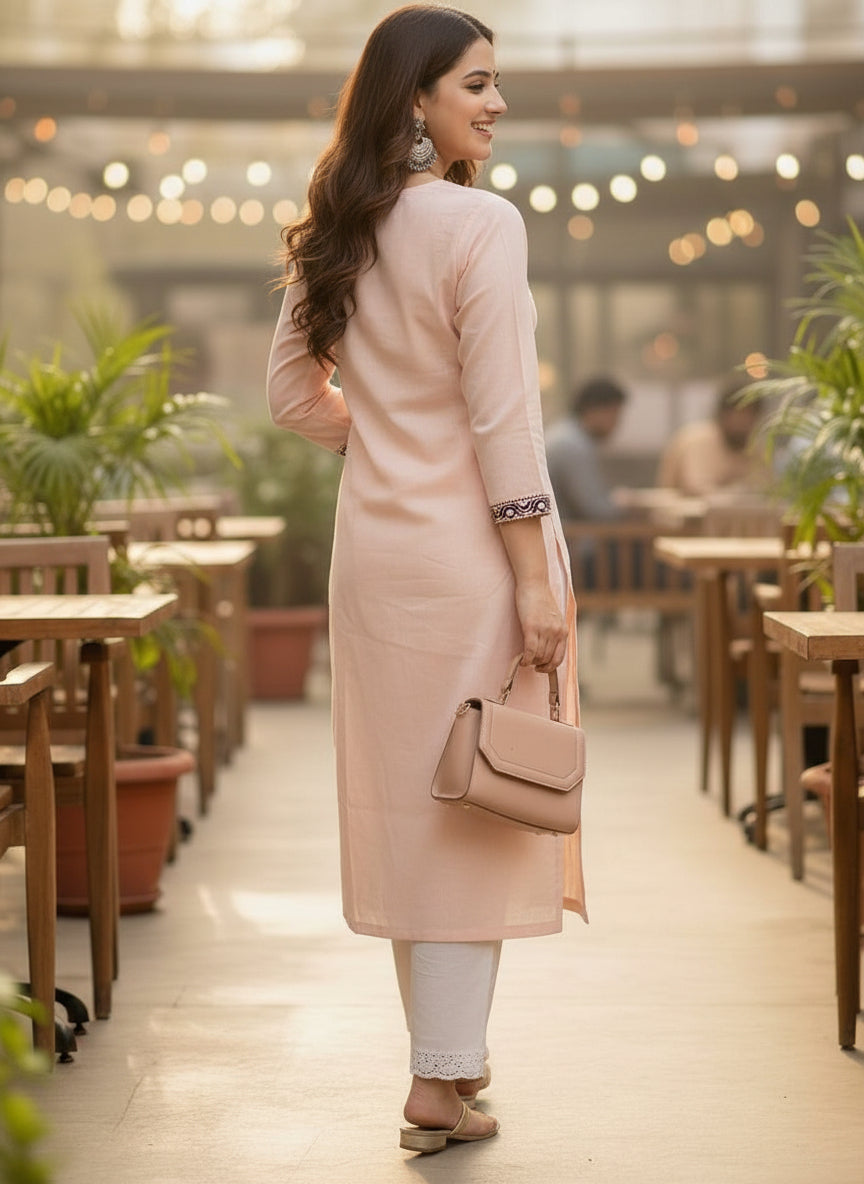 Peach Solid Embroidered Pure Cotton Straight Kurta