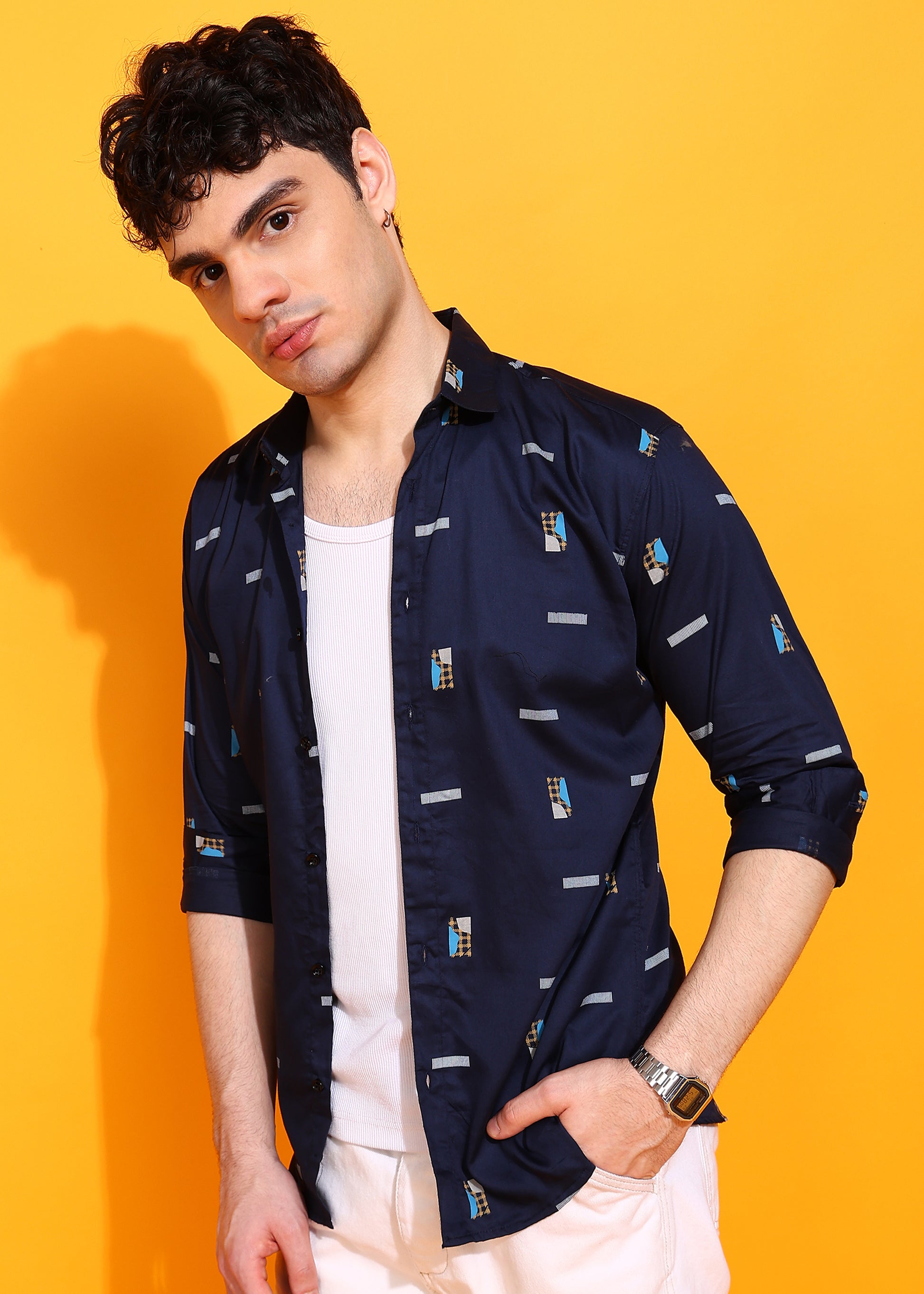 Cream Printed Casual Shirt For Men