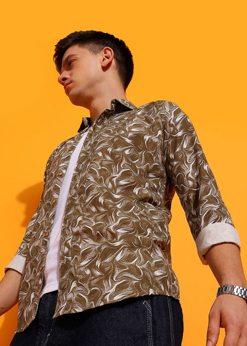 Graphic Printed Brown Full Sleeves Shirt For Men