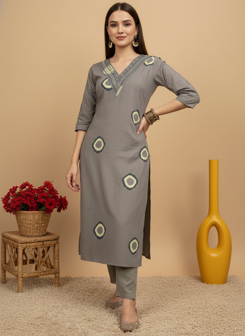 Gray Printed Embroidered Pure Cotton Straight Kurta.