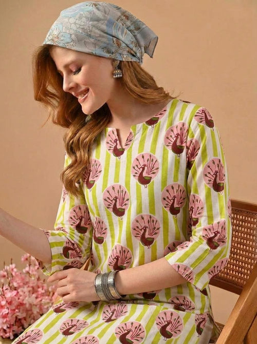 Peacock Print Green & White  Pure Cotton Short Kurti.