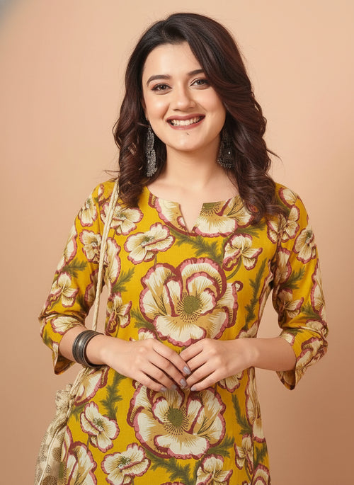 Floral Printed Mustard Pure Cotton Short Kurti.