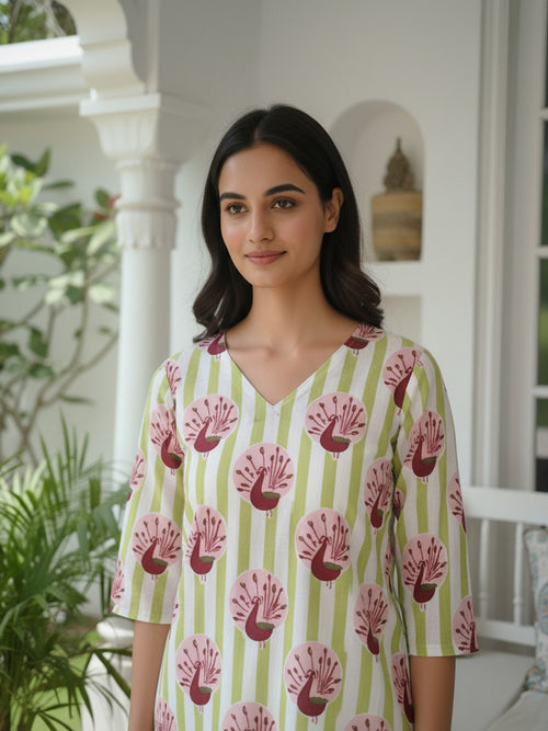 Peacock Print Green & White  Pure Cotton Short Kurti.