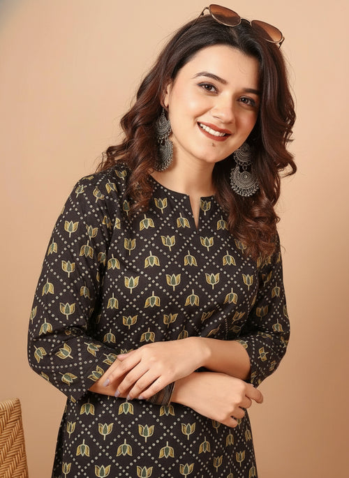 Floral Printed Black Pure Cotton Short Kurti.