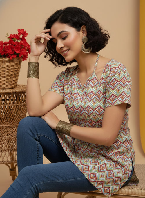 Multicolor Floral Printed Pure Cotton Short Kurti.