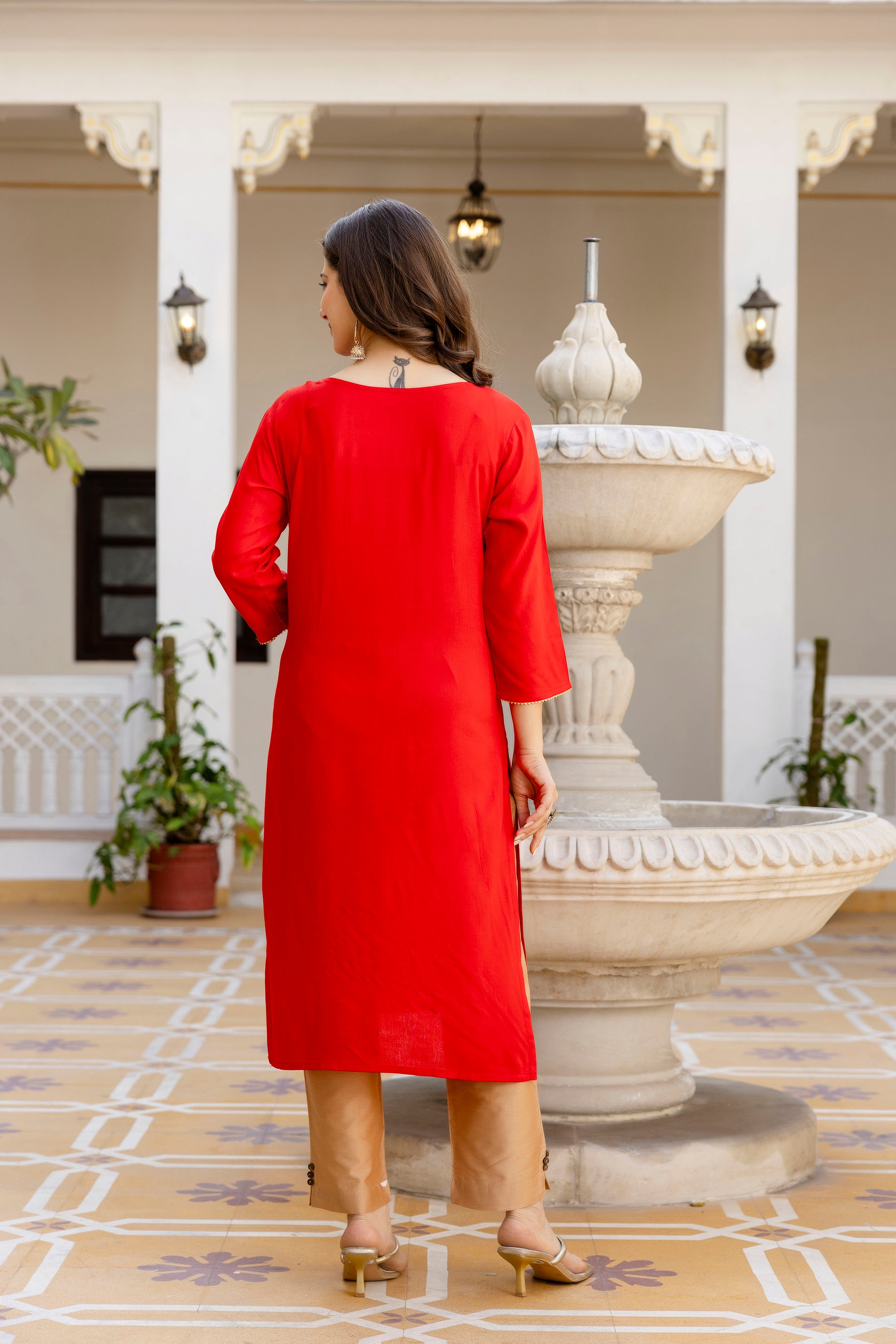 Red Printed Embroidered Pure Cotton Straight Kurta.