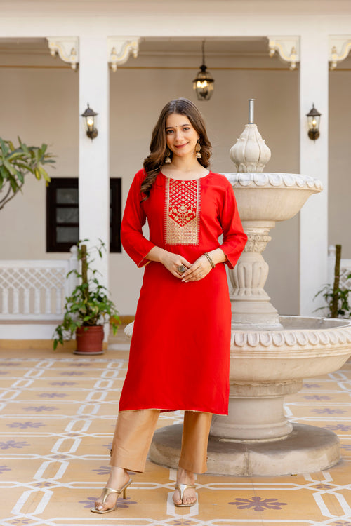 Red Printed Embroidered Pure Cotton Straight Kurta.