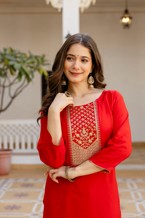 Red Printed Embroidered Pure Cotton Straight Kurta.
