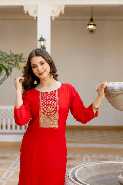 Red Printed Embroidered Pure Cotton Straight Kurta.