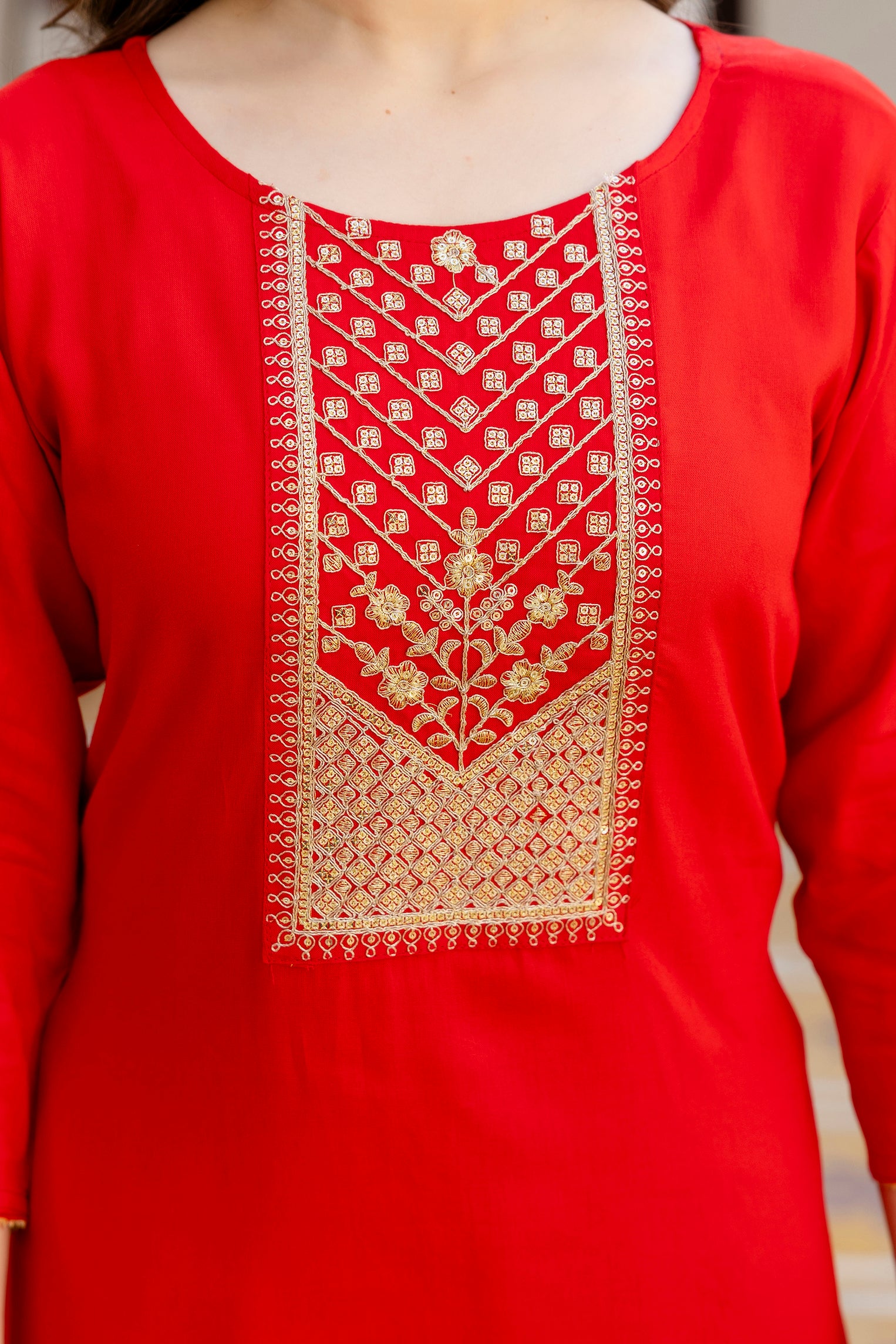 Red Printed Embroidered Pure Cotton Straight Kurta.