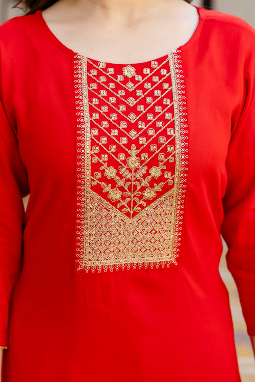 Red Printed Embroidered Pure Cotton Straight Kurta.