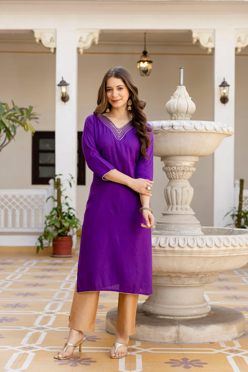 Purple Printed Embroidered Pure Cotton Straight Kurta.