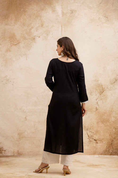Black Solid Embroidered Yoke Straight Kurta.