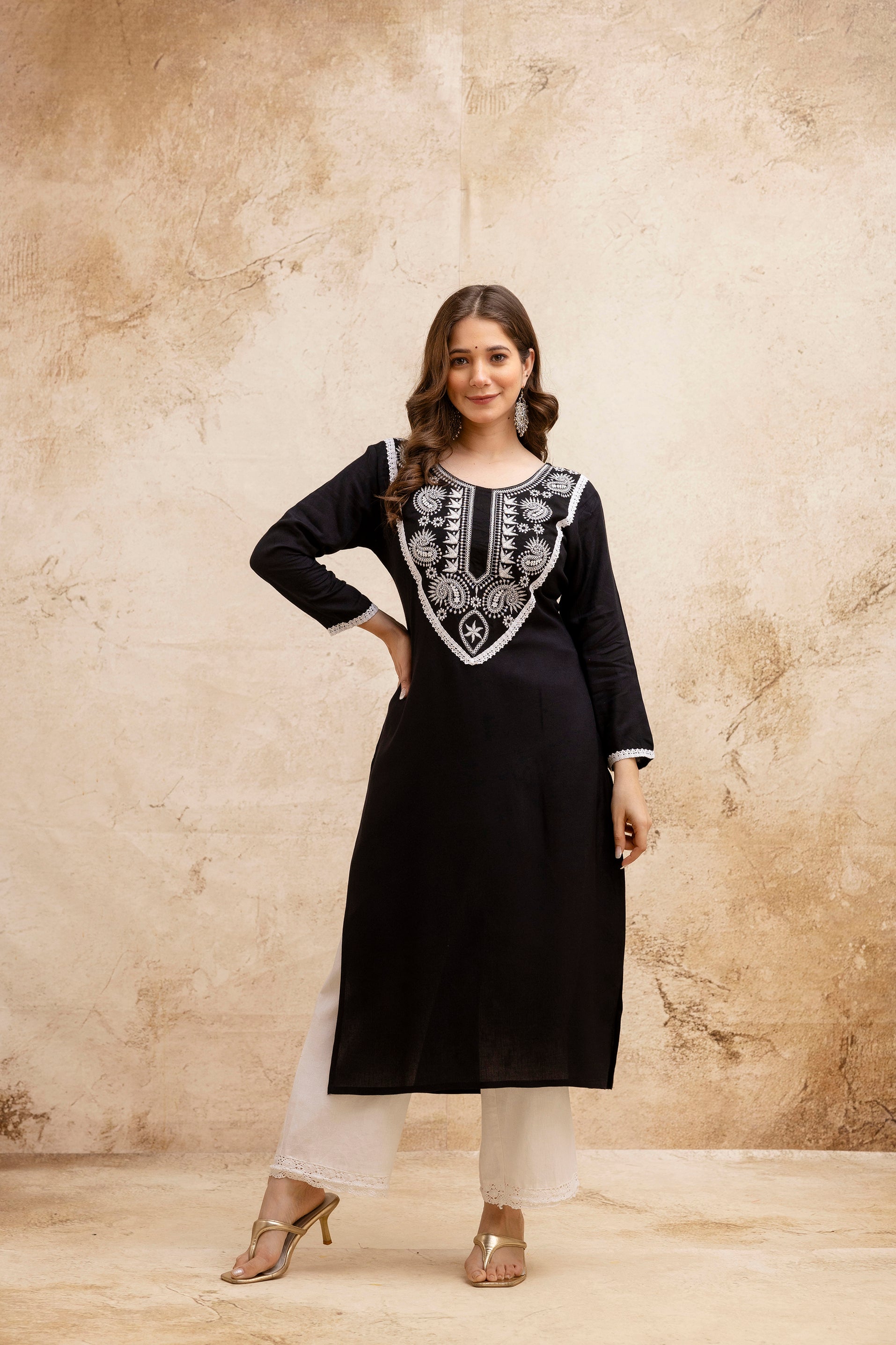 Black Solid Embroidered Yoke Straight Kurta.