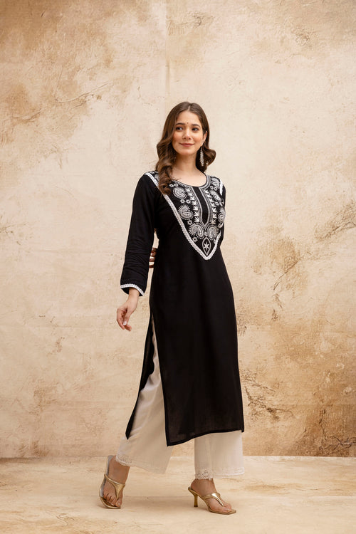 Black Solid Embroidered Yoke Straight Kurta.