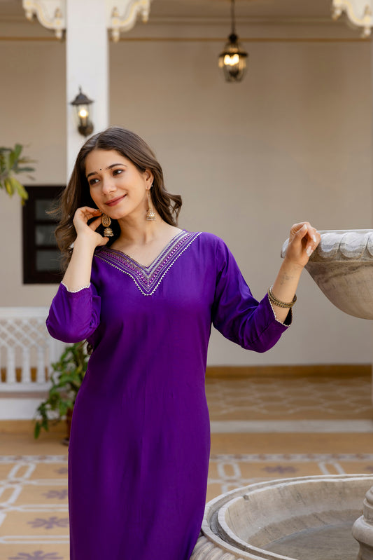 Purple Printed Embroidered Pure Cotton Straight Kurta.