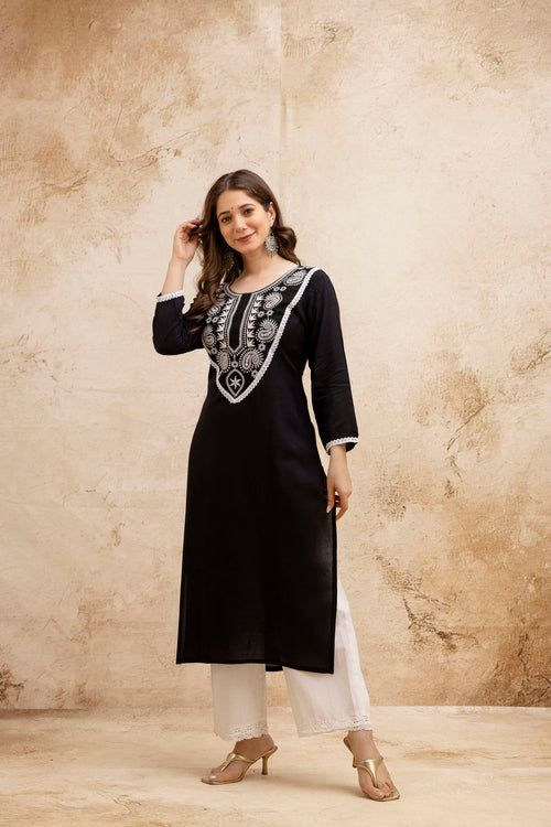 Black Solid Embroidered Yoke Straight Kurta.