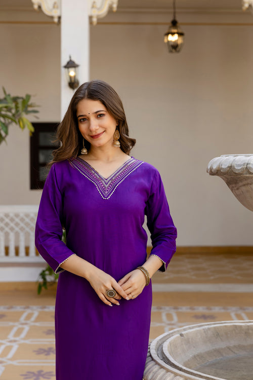 Purple Printed Embroidered Pure Cotton Straight Kurta.