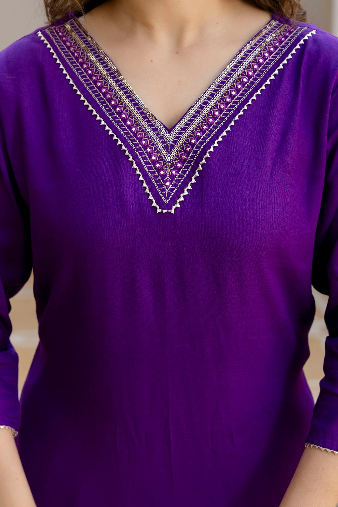 Purple Printed Embroidered Pure Cotton Straight Kurta.