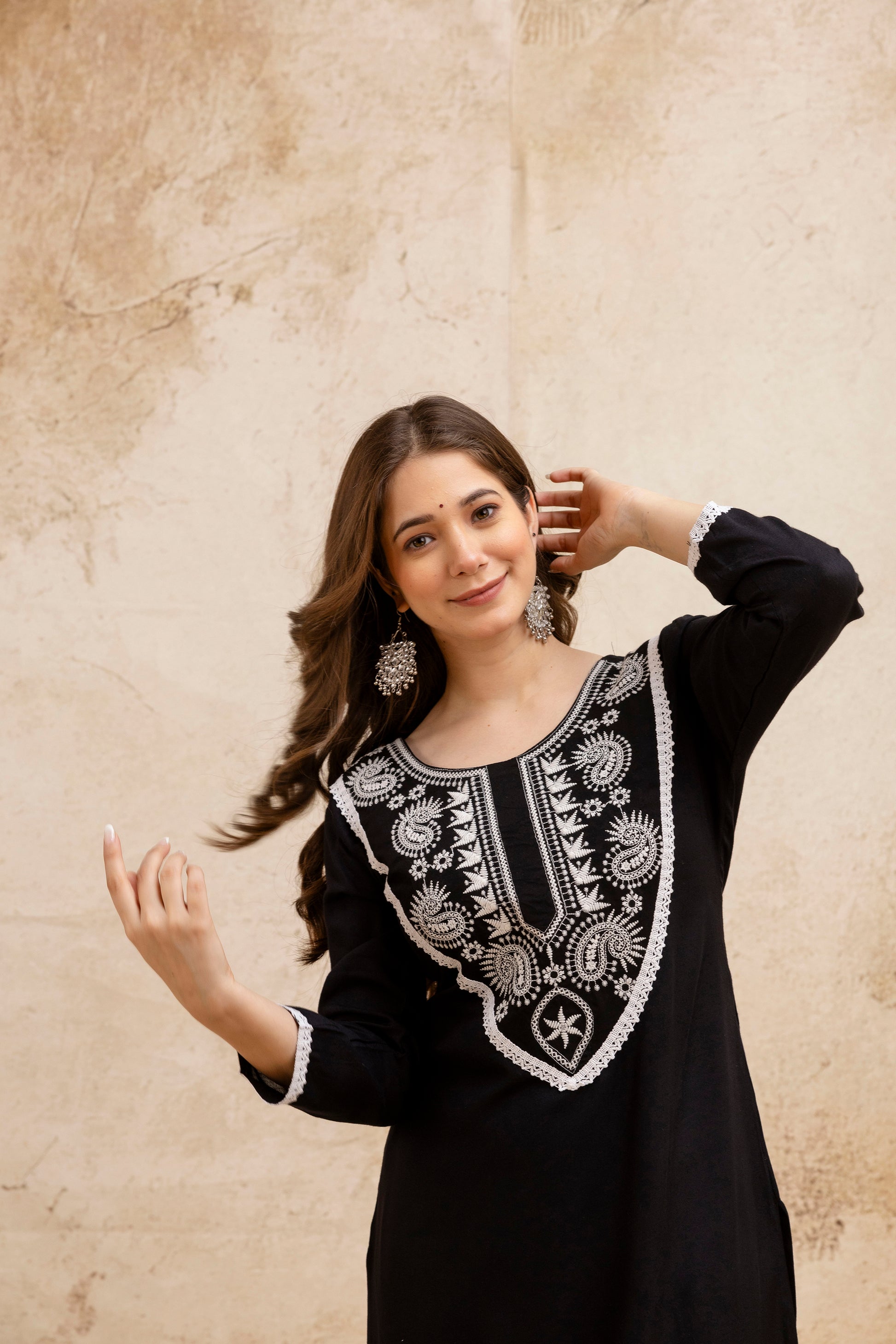Black Solid Embroidered Yoke Straight Kurta.
