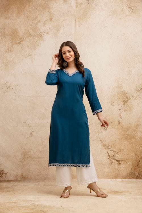 Teal Solid Embroidered Straight Kurta.