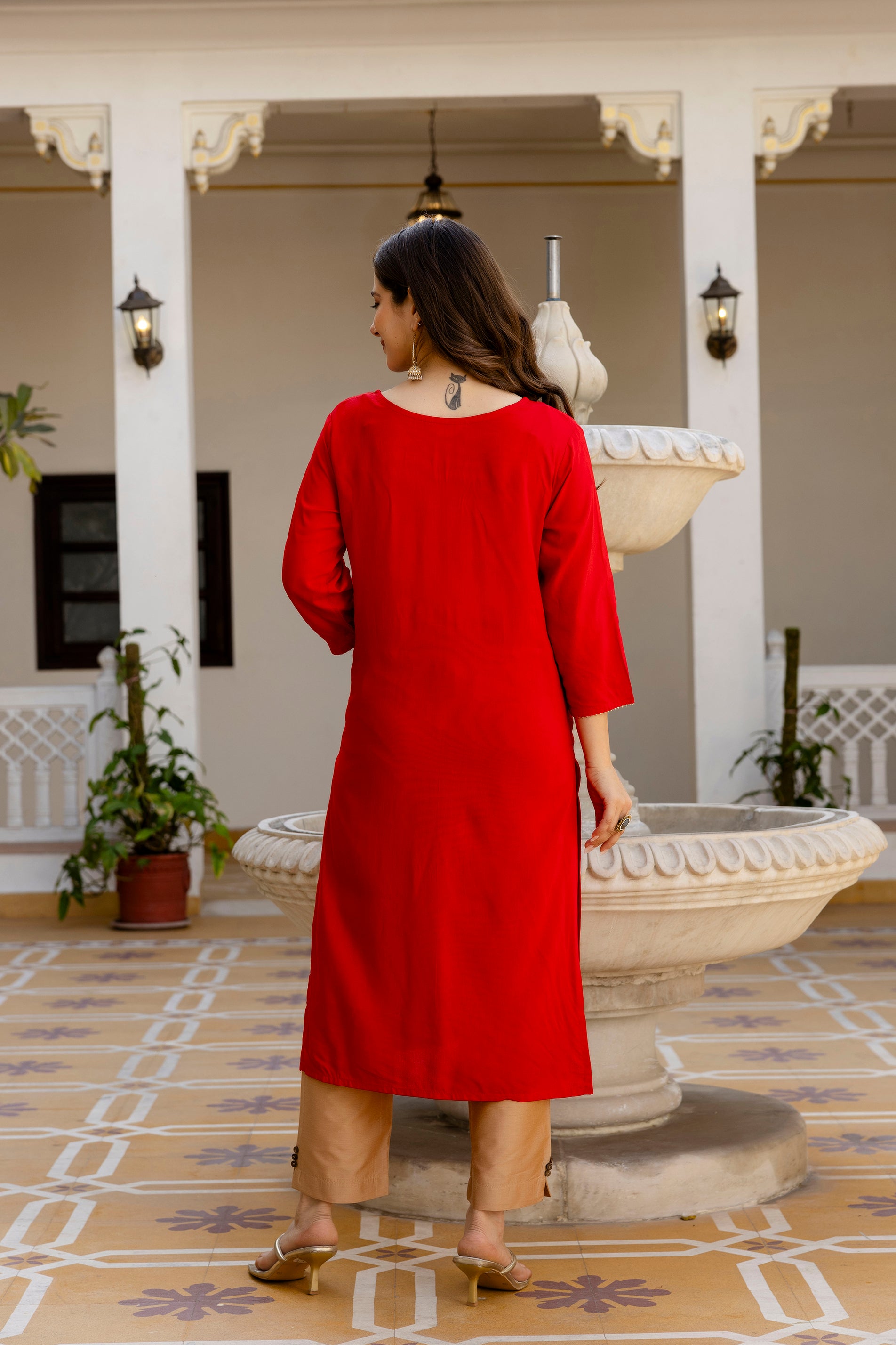 Red Printed Embroidered Pure Cotton Straight Kurta.