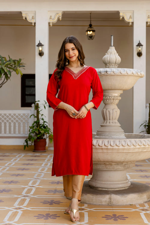 Red Printed Embroidered Pure Cotton Straight Kurta.