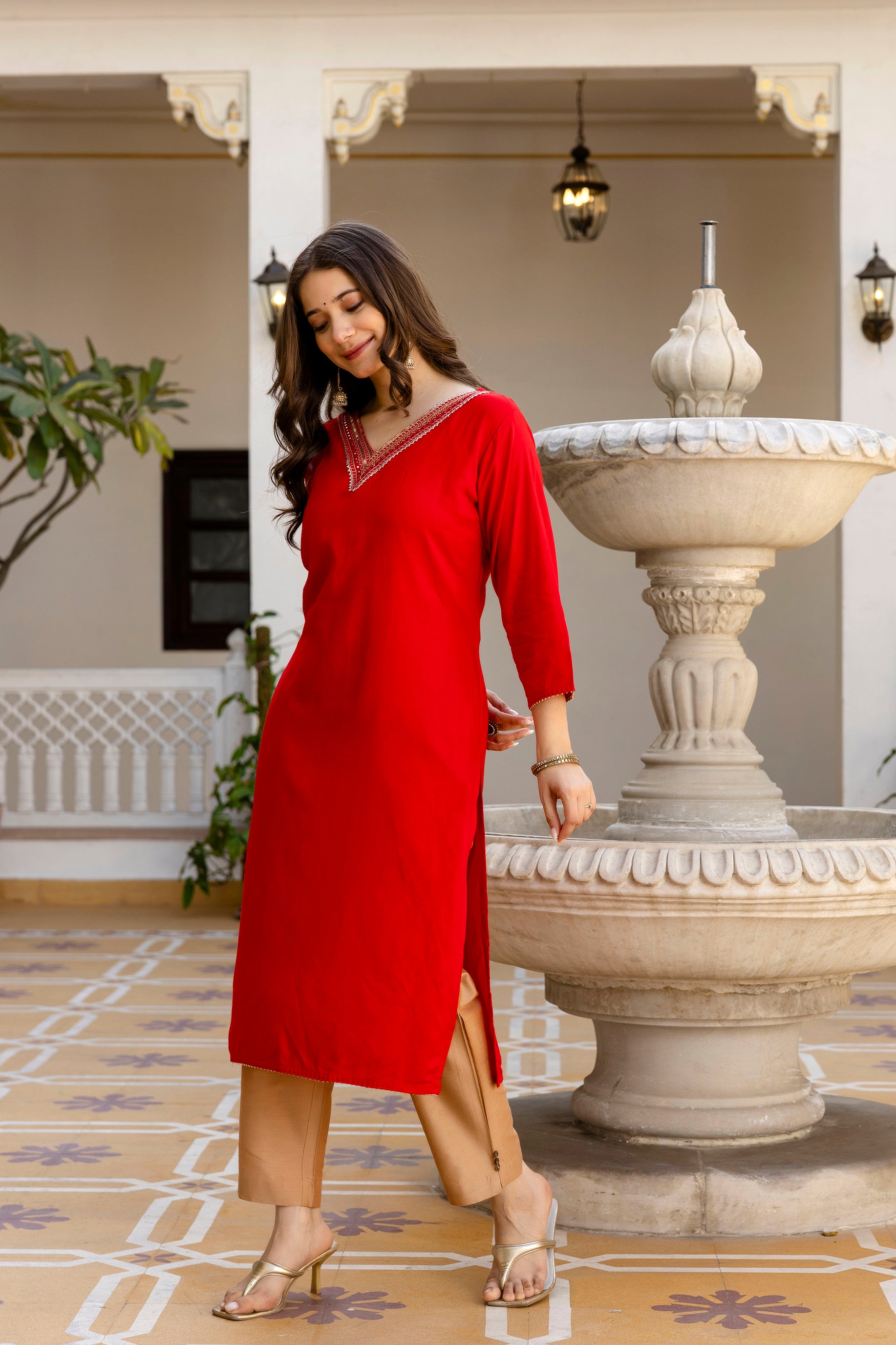 Red Printed Embroidered Pure Cotton Straight Kurta.