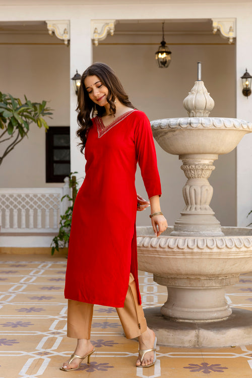 Red Printed Embroidered Pure Cotton Straight Kurta.