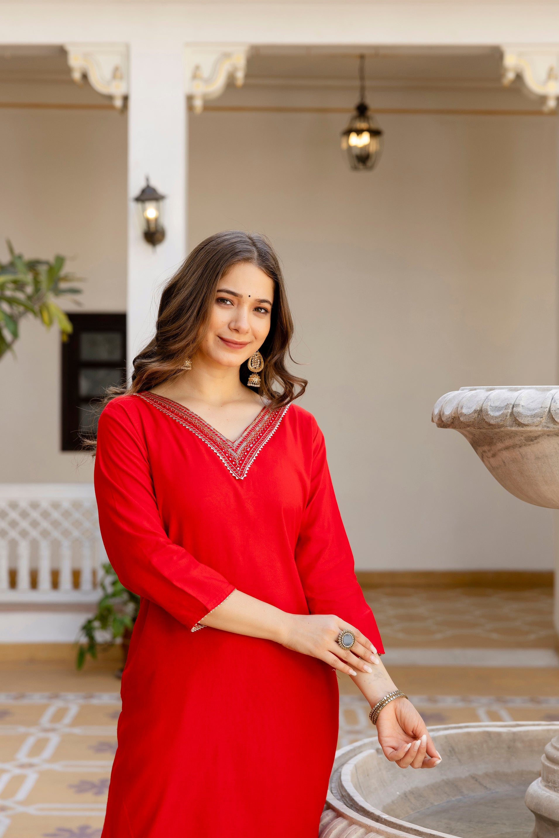 Red Printed Embroidered Pure Cotton Straight Kurta.