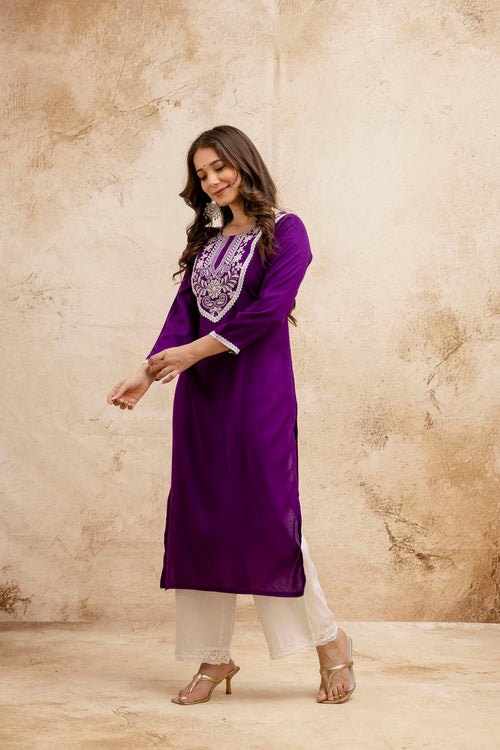 Purple Solid Embroidered Yoke Straight Kurta.