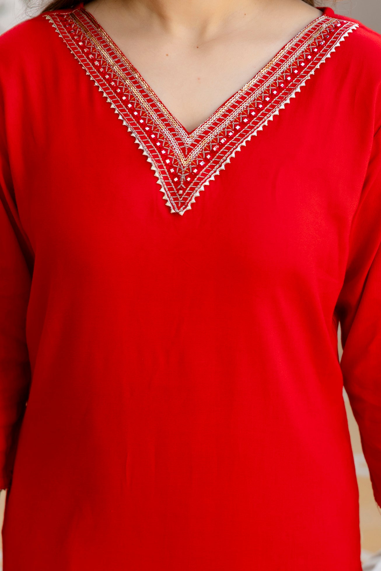 Red Printed Embroidered Pure Cotton Straight Kurta.