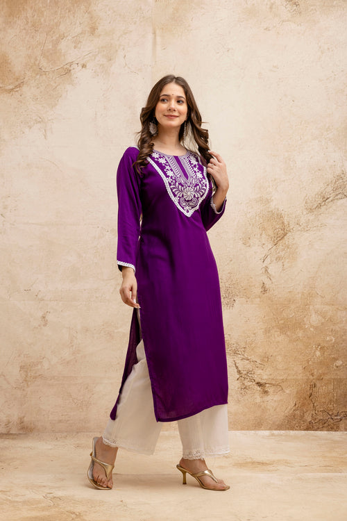 Purple Solid Embroidered Yoke Straight Kurta.