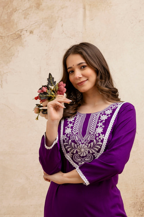 Purple Solid Embroidered Yoke Straight Kurta.