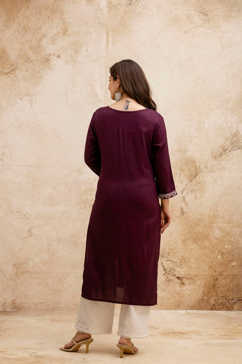 Maroon Solid Embroidered Straight Kurta.