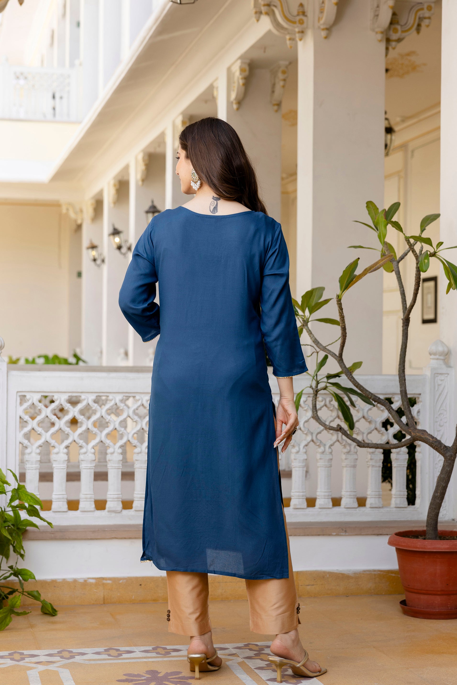 Blue Printed Embroidered Pure Cotton Straight Kurta.