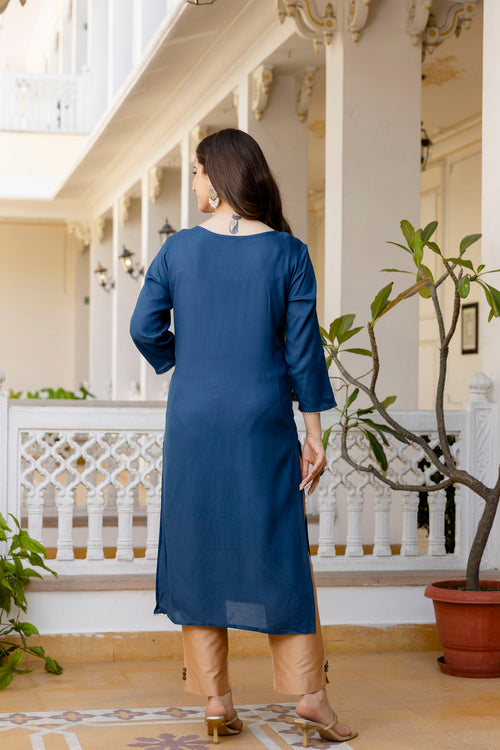 Blue Printed Embroidered Pure Cotton Straight Kurta.