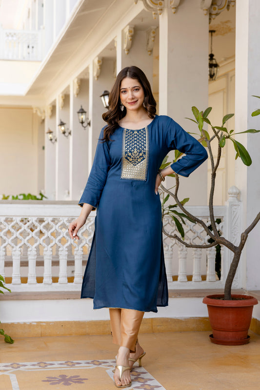 Blue Printed Embroidered Pure Cotton Straight Kurta.