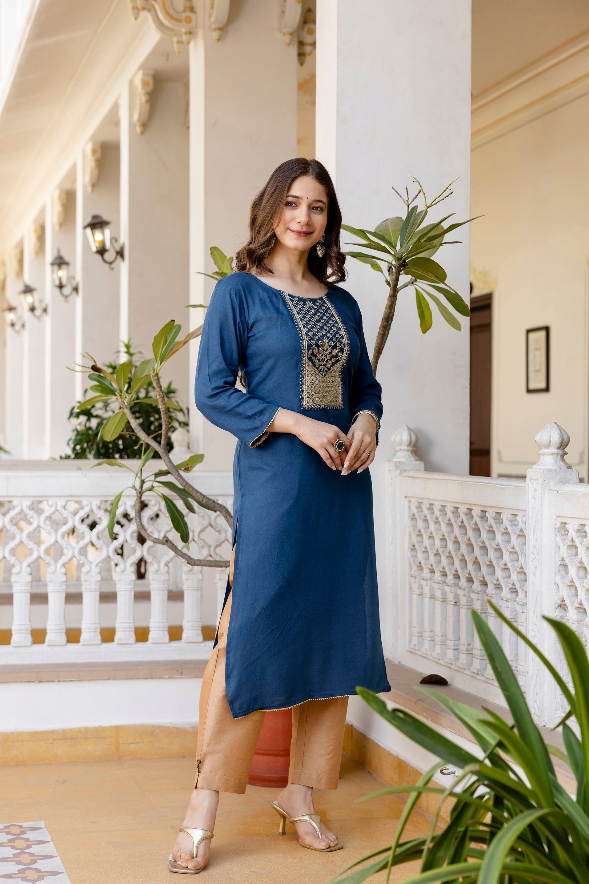 Blue Printed Embroidered Pure Cotton Straight Kurta.