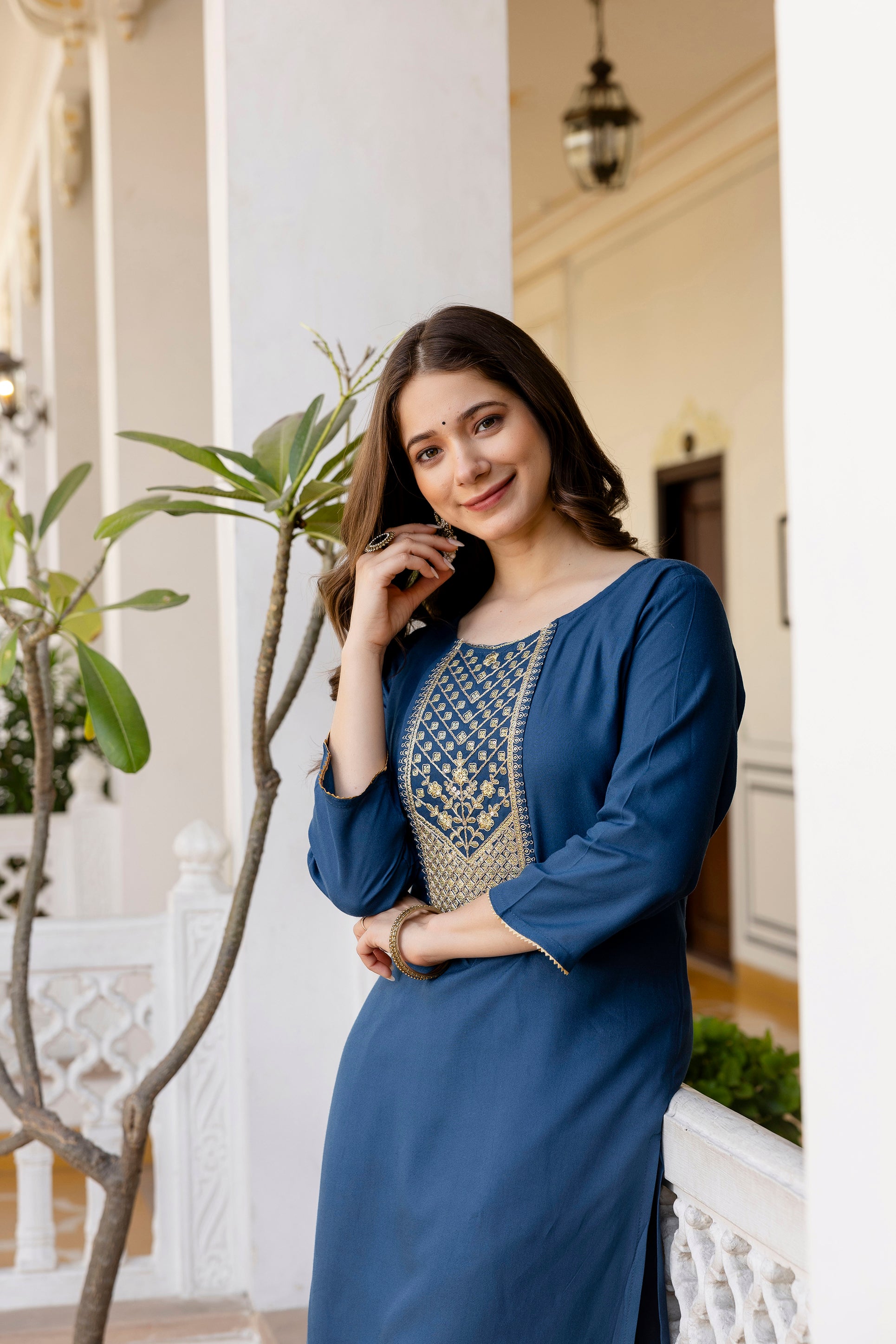 Blue Printed Embroidered Pure Cotton Straight Kurta.