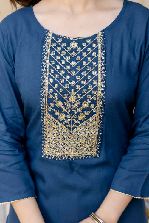 Blue Printed Embroidered Pure Cotton Straight Kurta.