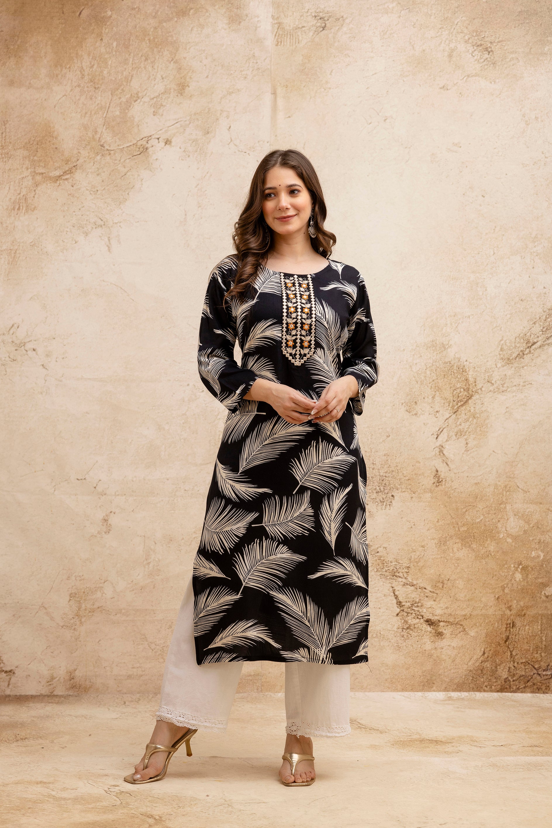 Black Floral Printed Embroidered Kurta.