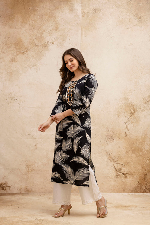 Black Floral Printed Embroidered Kurta.