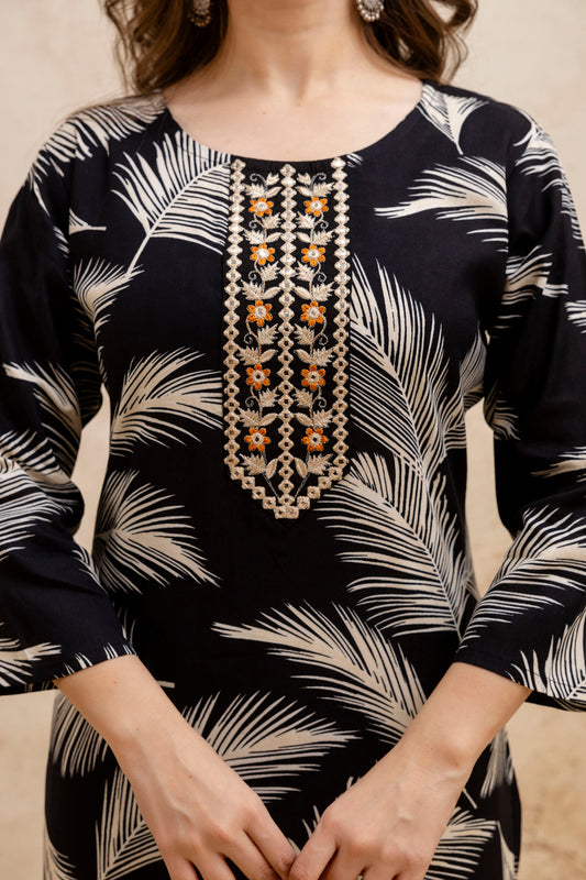 Black Floral Printed Embroidered Kurta.