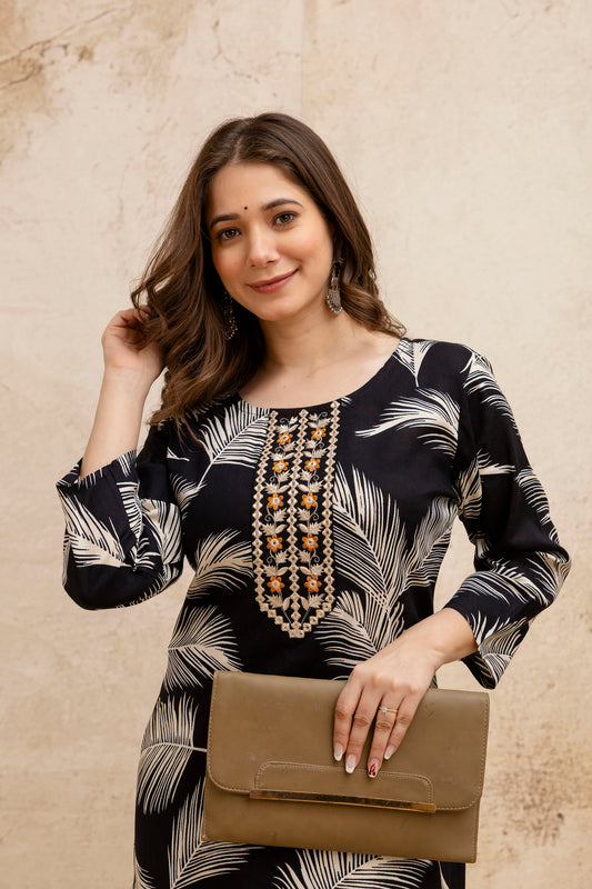 Black Floral Printed Embroidered Kurta.