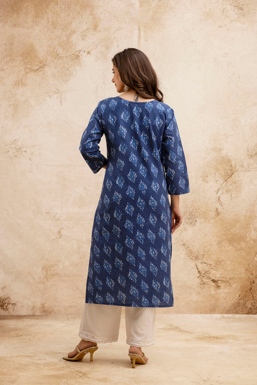 Navy Blue Printed Embroidered Pure Cotton Straight Kurta