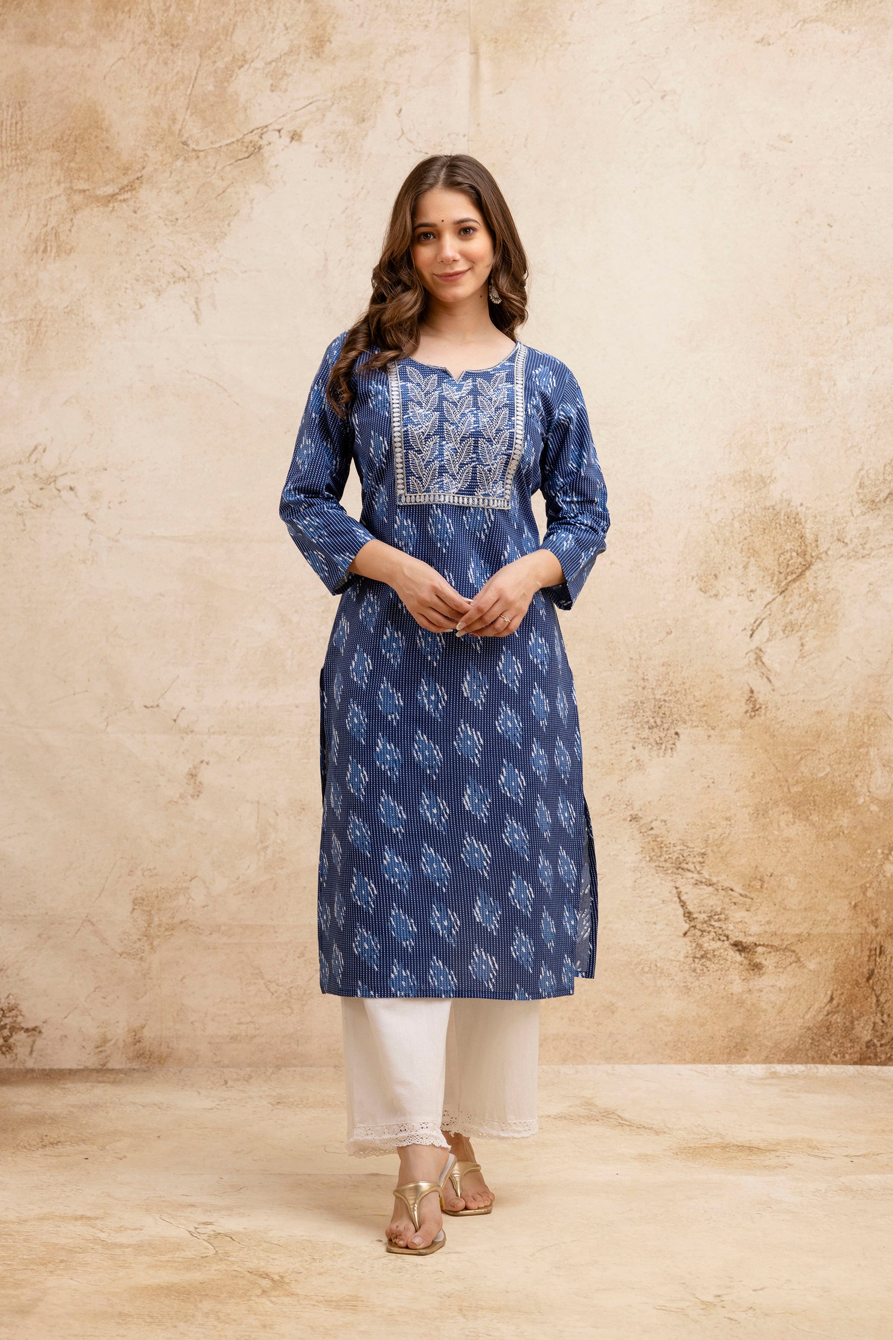 Navy Blue Printed Embroidered Pure Cotton Straight Kurta
