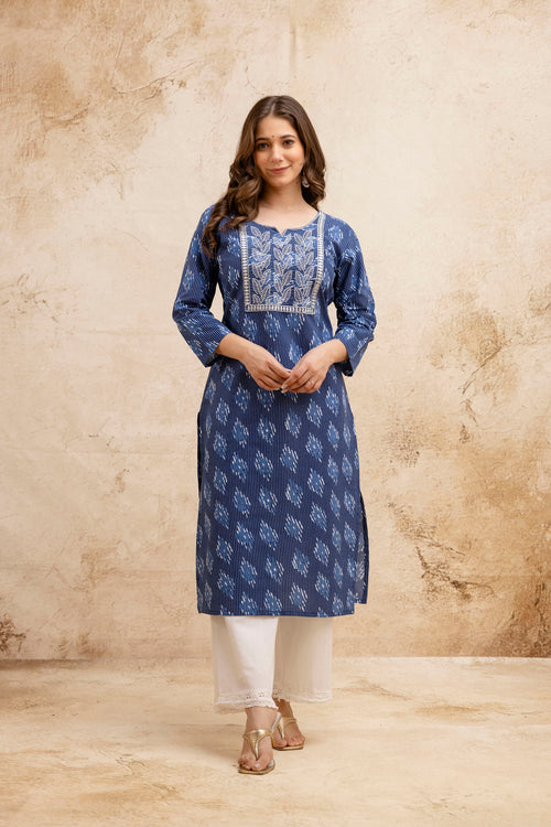 Navy Blue Printed Embroidered Pure Cotton Straight Kurta