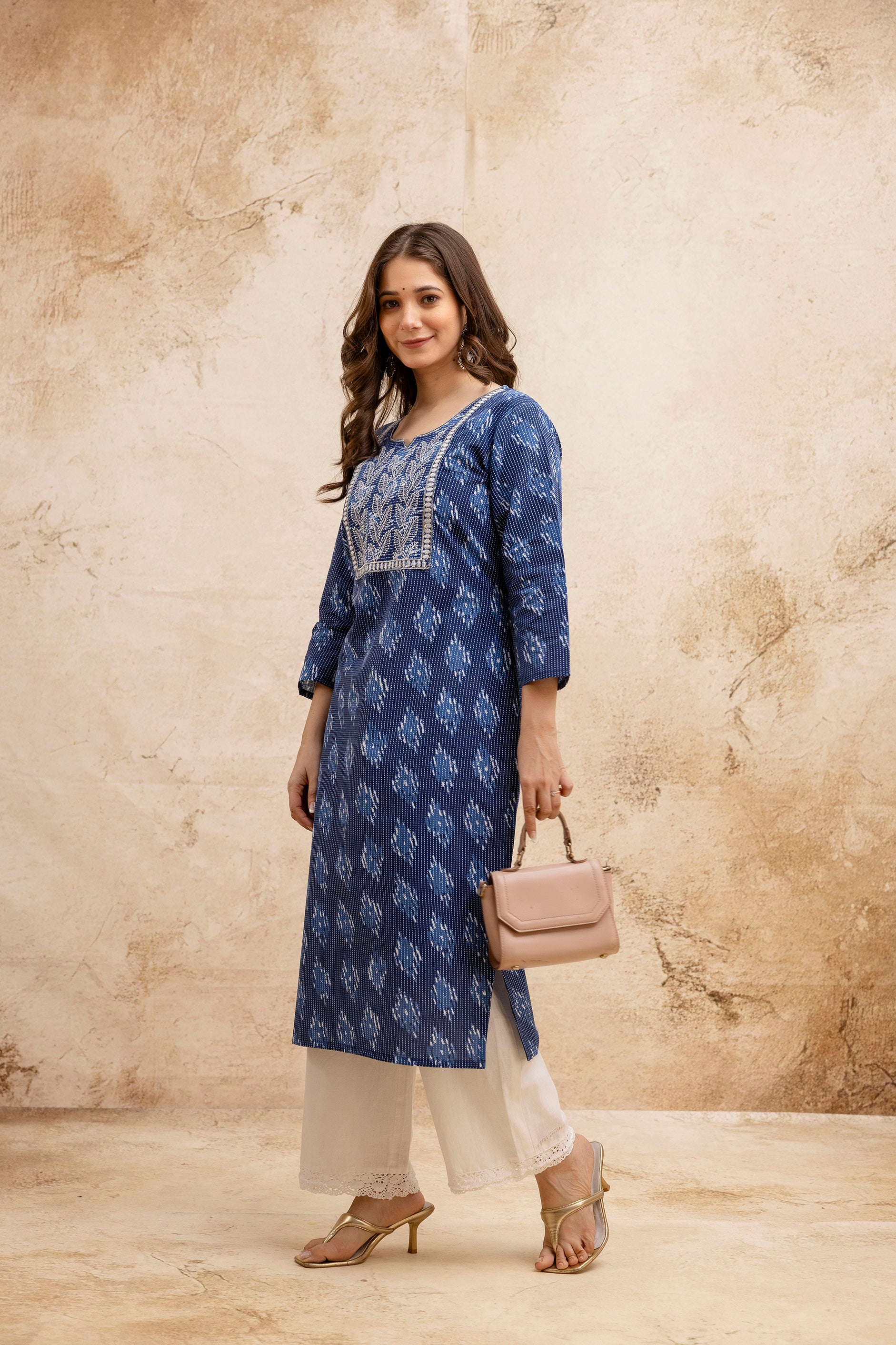 Navy Blue Printed Embroidered Pure Cotton Straight Kurta